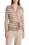 Misook Striped Cable Knit Wrap Cardigan In Macchiato/ Biscotti