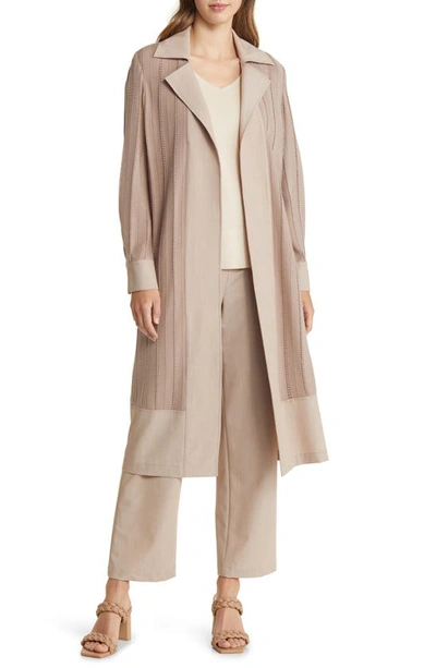 Misook Sheer Knit Duster With Twill Trim In Macchiato