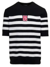 BALMAIN BLACK AND WHITE STRIPE T-SHIRT WITH LOGO EMBROIDERY IN WOOL MAN