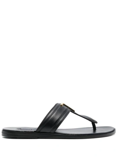 TOM FORD BLACK THONGS SANDALS WITH METAL T DETAIL IN LEATHER MAN