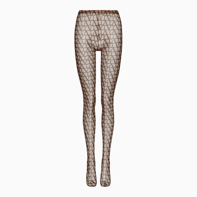 Valentino Beige\/black Tights With All-over Logo