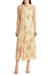 Ted Baker 270508 Floral Print Pleated Midi Cocktail Dress In Tan