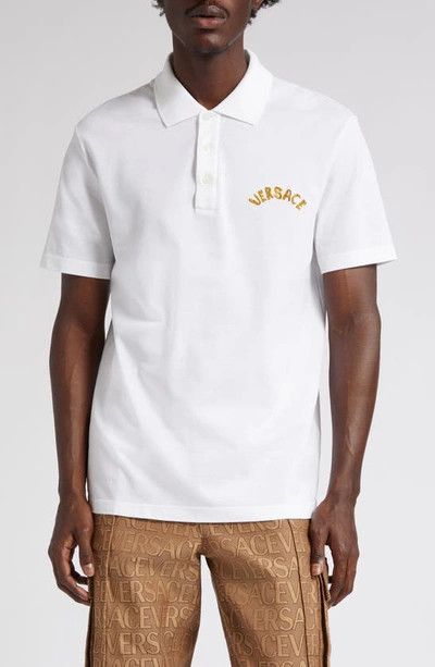 Versace Men's Polo Shirt With Script Embroidery In Optical White