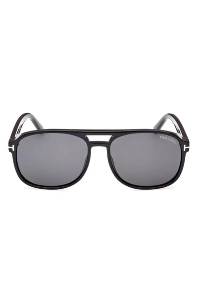 Tom Ford Rosco Aviator Acetate Sunglasses In Shiny Black / Logo / Smoke