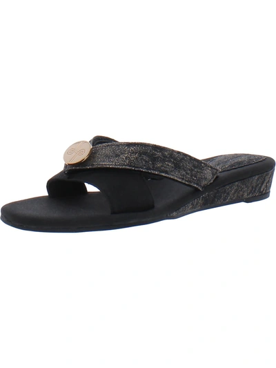 Lindsay Phillips Mellie Womens Faux Leather Slip On Wedge Sandals In Black