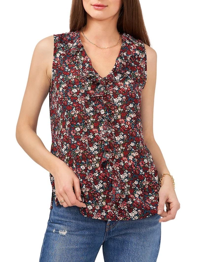 Vince Camuto Desert Summer Womens Floral Print Ruffle Neck Pullover Top In Black