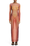 JEAN PAUL GAULTIER THE RED BODY MORPHING STRIPE LONG SLEEVE TULLE MAXI DRESS