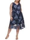 VINCE CAMUTO PLUS WOMENS EMBROIDERED FIT & FLARE MIDI DRESS