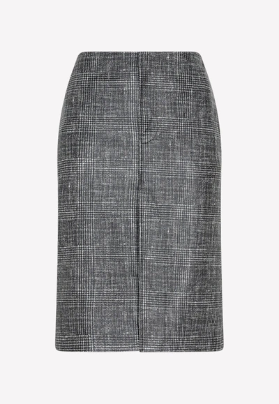 Bottega Veneta Check Print Midi Leather Skirt In Gray