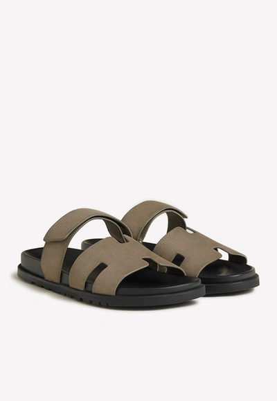 Hermes Chypre Sandals In Suede Calfskin In Etoupe