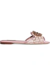 DOLCE & GABBANA EMBELLISHED CORDED LACE AND LIZARD-EFFECT LEATHER SLIDES