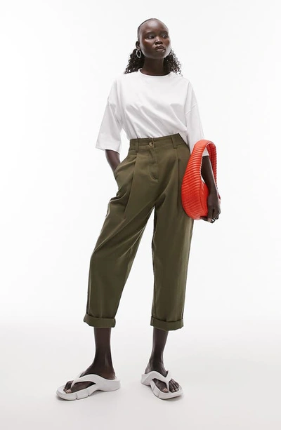 Topshop High Rise Pleated Peg Trousers In Khaki-green