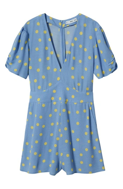 Mango Polka Dot Puff Sleeve Romper In Blue