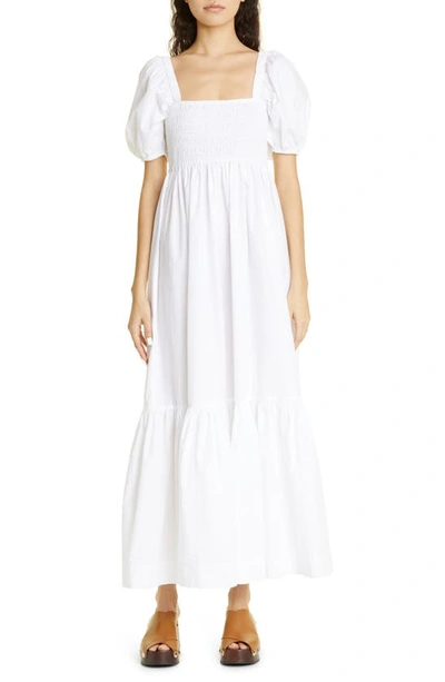 Ganni Short Sleeve Cotton Poplin Smock Maxi Dress In White