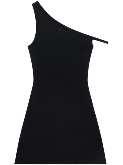 Courrèges Bumpy One-shoulder Cotton Dress In Black