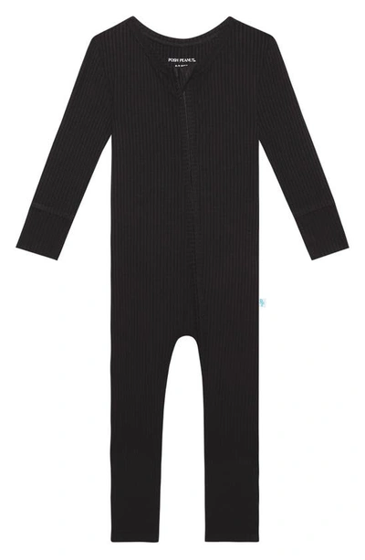 POSH PEANUT SOLID BLACK FITTED RIB CONVERTIBLE FOOTIE PAJAMAS