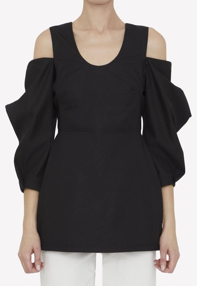 Jil Sander Gathered Cold-shoulder Top With Puff Sleeves In Black