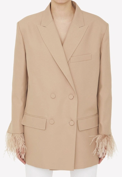Valentino Beige Double-breasted Blazer With Feathers