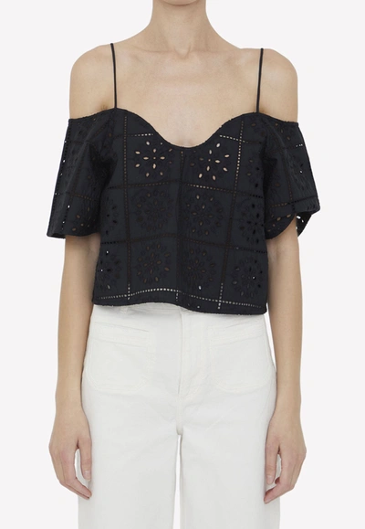 Ganni Short Sleeve Broderie Anglaise Top In Black