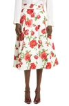 CAROLINA HERRERA ROSE PRINT BUTTON FRONT COTTON A-LINE SKIRT