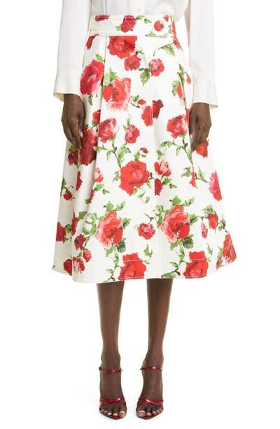 Carolina Herrera Rose Print Button Front Cotton A-line Skirt In Pearl Multi