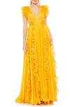 MAC DUGGAL PLEATED RUFFLE CAP SLEEVE CHIFFON GOWN