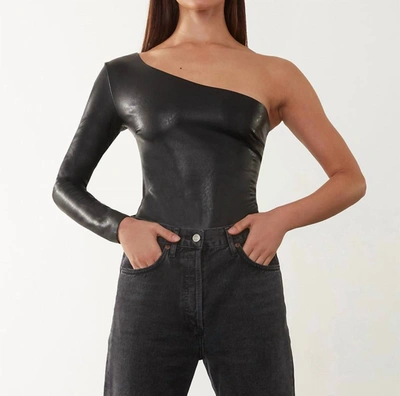 Commando Faux-leather Long-sleeve One-shoulder Bodysuit In Black