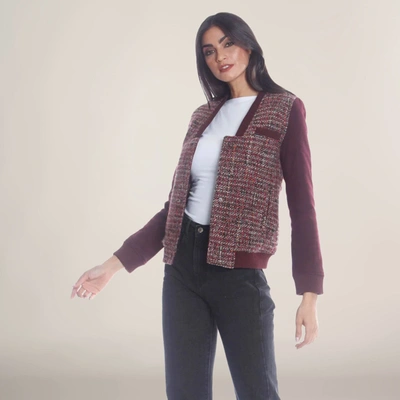 Members Only Women's Updated Tweed Varsity Jacket With Contrast Sleeve In Burgundy