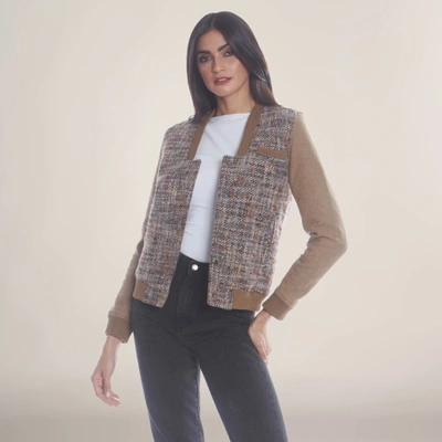 Members Only Women's Updated Tweed Varsity Jacket With Contrast Sleeve In Brown