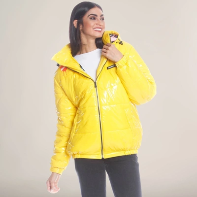 Members Only Women's Nickelodeon Shiny Collab Puffer Oversized Jacket In Yellow