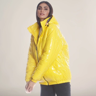 Members Only Women's Hi-shine Chevron Quilt Puffer With Nickelodeon Mashup Print Lining Jacket In Yellow