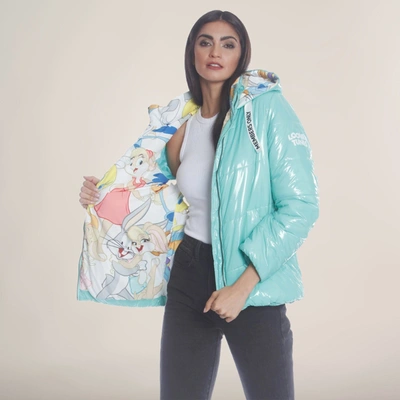 Members Only Women's Faux Rabbit Fur Reversible Bomber Looney Tunes Satin Mashup Print Lining Jacket In Green