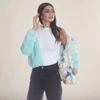 Members Only Women's Faux Rabbit Fur Reversible Bomber Looney Tunes Satin Mashup Print Lining Jacket In Green