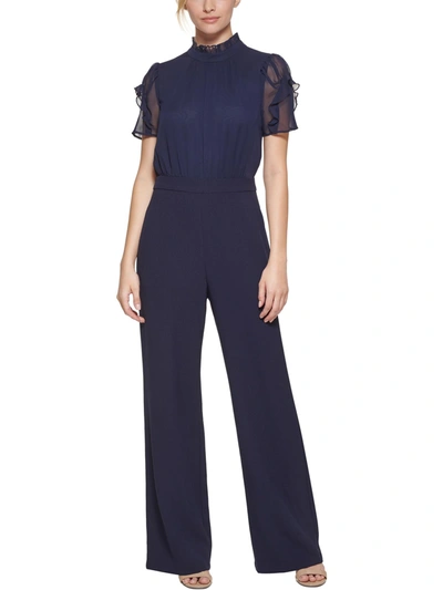 Vince Camuto Petites Womens Chiffon Crepe Jumpsuit In Blue