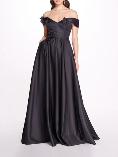 Marchesa Duchess Satin Ball Gown In Navy