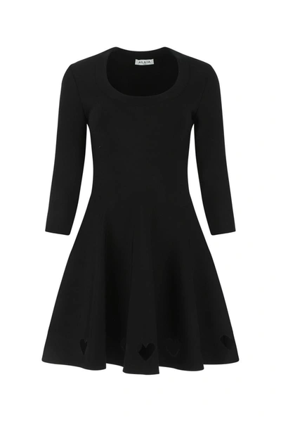 Alaïa Scoop-neck Wool Skater Mini Dress With 3-d Detail In Black