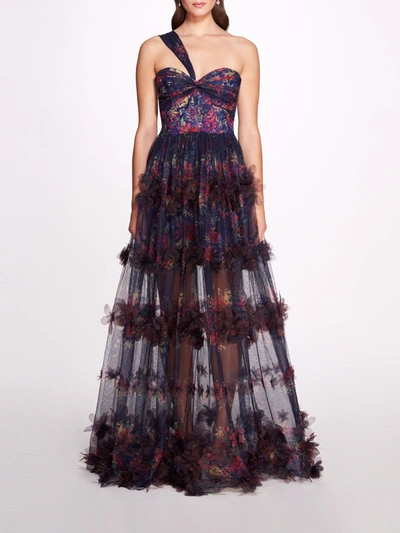 Marchesa Watercolor Garland Gown In Navy Multi