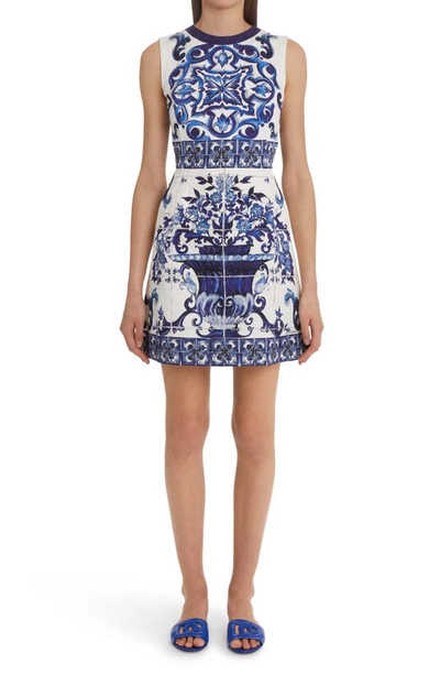 Dolce & Gabbana Short Majolica-print Brocade Dress In Blue