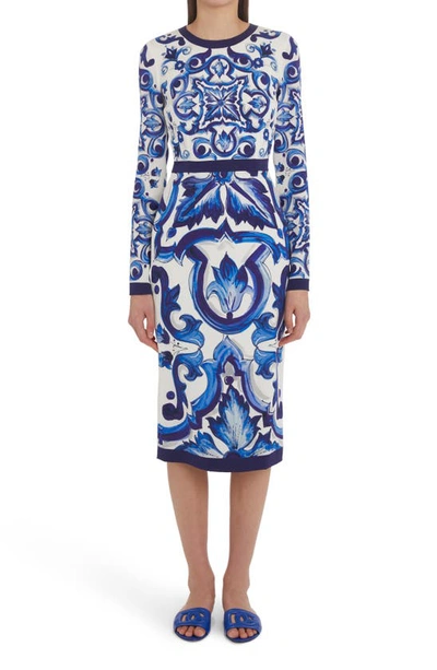 Dolce & Gabbana Blu Mediterraneo Painterly Long-sleeve Midi-dress In Multicolor
