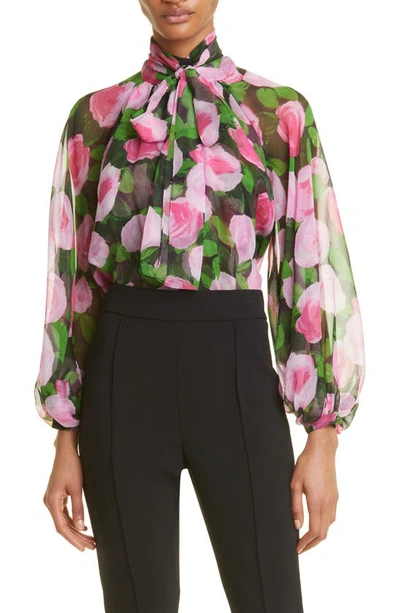Carolina Herrera Floral Print Button-front Blouse With Tie Neck In Black Multi