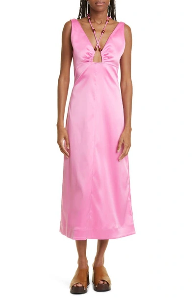 Ganni Double Satin Beaded Stretch Recycled-polyester Midi Dress In Pink