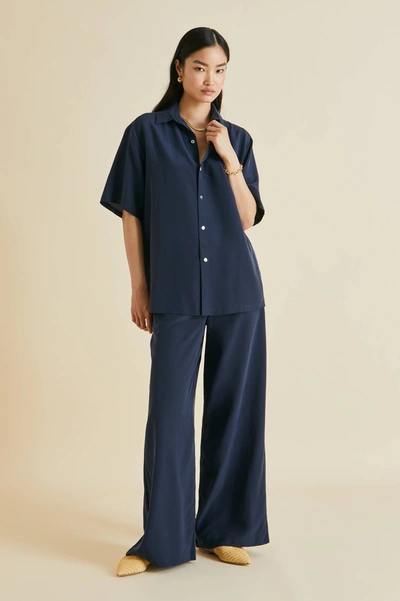 Olivia Von Halle Alabama Navy Pyjamas In Silk Crêpe De Chine