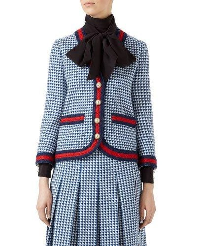 Gucci Striped Houndstooth Wool-blend Jacket In White/blue