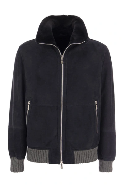 Brunello Cucinelli Sheepskin Bomber Jacket With Wool Details In Navy Blue/grey
