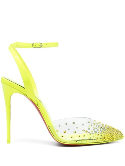 Christian Louboutin Spikaqueen Crystal Pointed Toe Ankle Strap Pump In Version Fluo Yellow