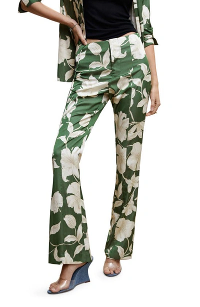 Mango Flared Floral-print Trousers Green