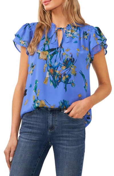 Cece Floral Tie Neck Flutter Sleeve Top In Tropic Night