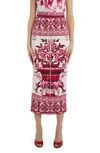 Dolce & Gabbana Majolica-print Charmeuse Calf-length Skirt In Rose/ White