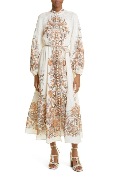 Zimmermann Devi Paisley-embroidery Belted Linen Midi Dress In Beige