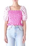English Factory Colorblock Tulip Print Smocked Top In Pink/ White